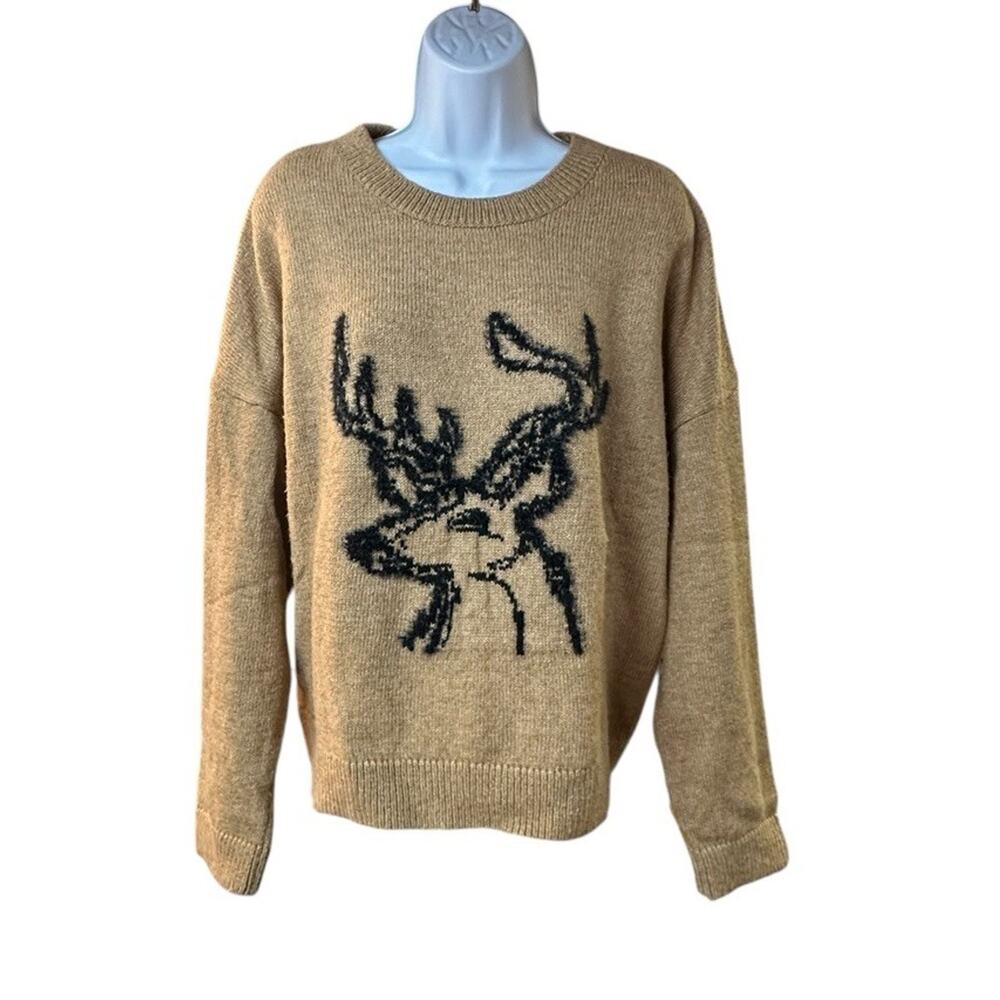 Anthropologie Oh Deer Reindeer Sweater Pullover Antlers Woodland Brown Sz 1X